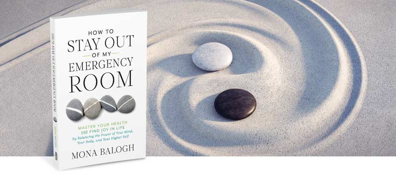How to Stay Out of My Emergency Room book image and yin yang style stones on sand swirl background
